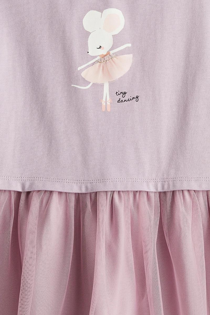 Print-Motif Tulle-Skirt Dress