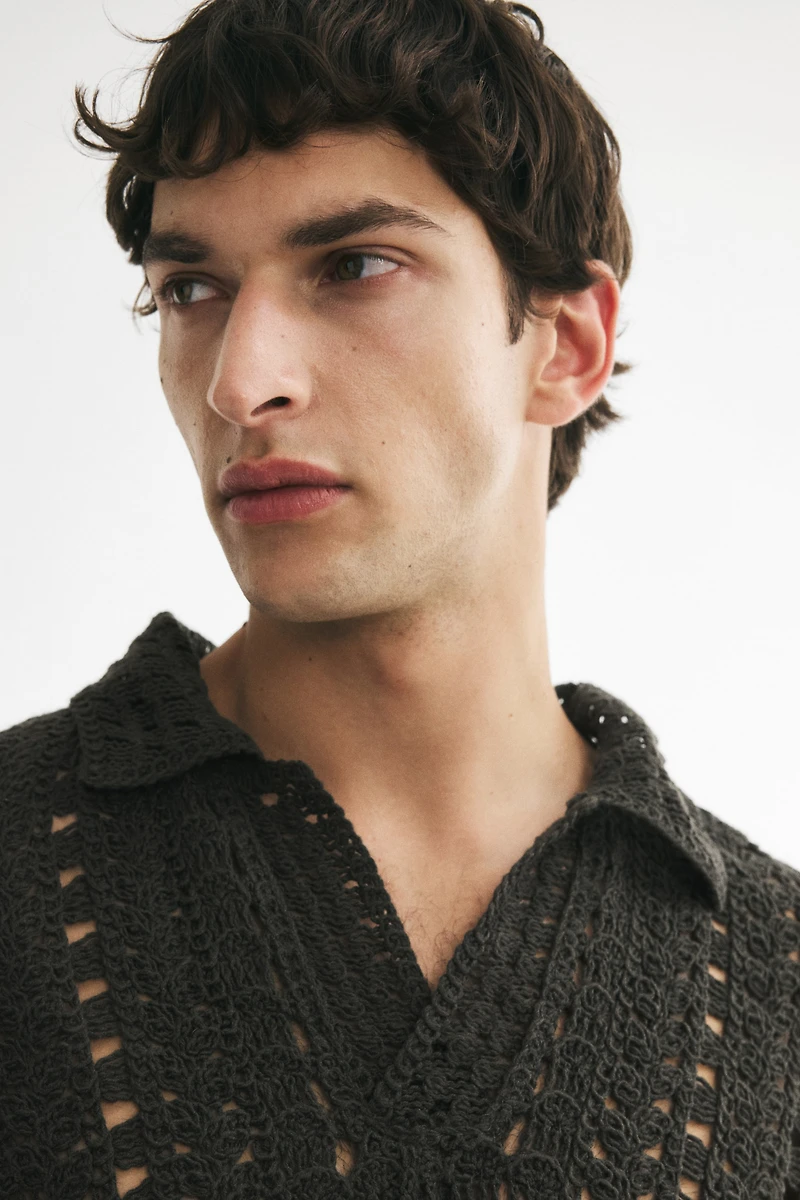 Relaxed-Fit Crochet-Look Polo Shirt