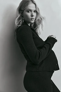 MAMA Rib-Knit Cardigan with Collar