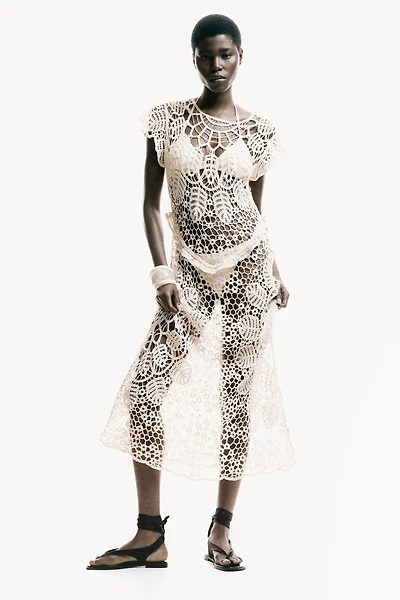 Flutter-Sleeved Crochet-Look Dress