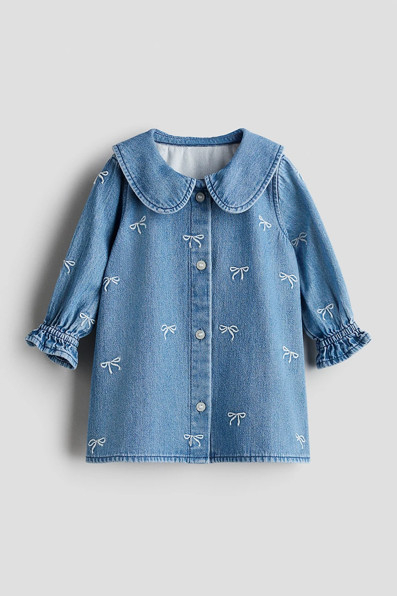 Embroidered-Detail Denim Shirt Dress