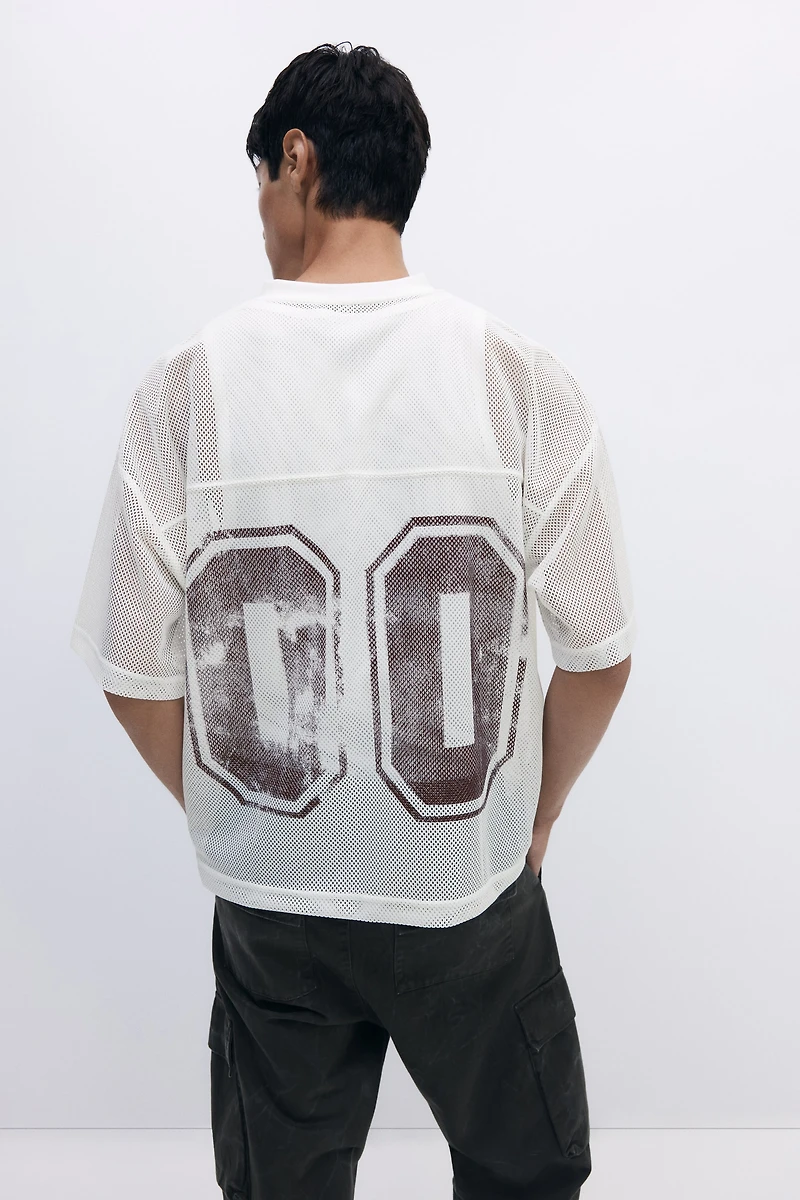 Oversized-Fit Printed Mesh T-Shirt
