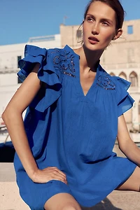 Flutter-Sleeve Dress with Eyelet Embroidery