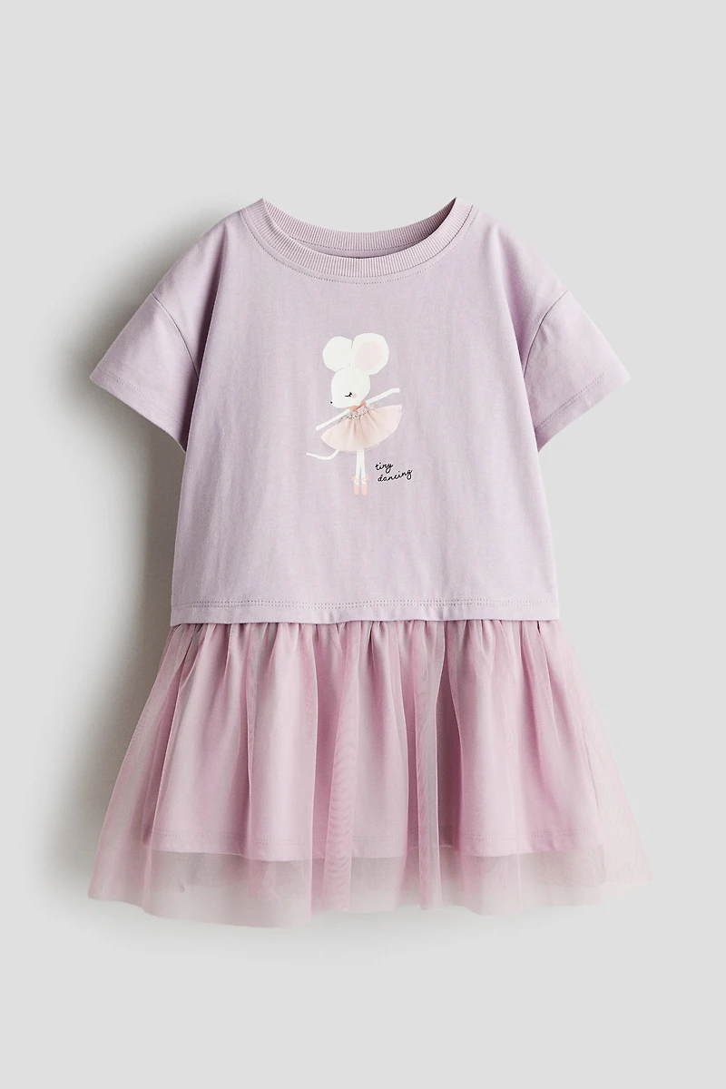 Print-Motif Tulle-Skirt Dress