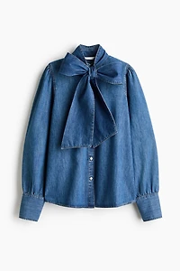 Scarf-Detail Denim Blouse