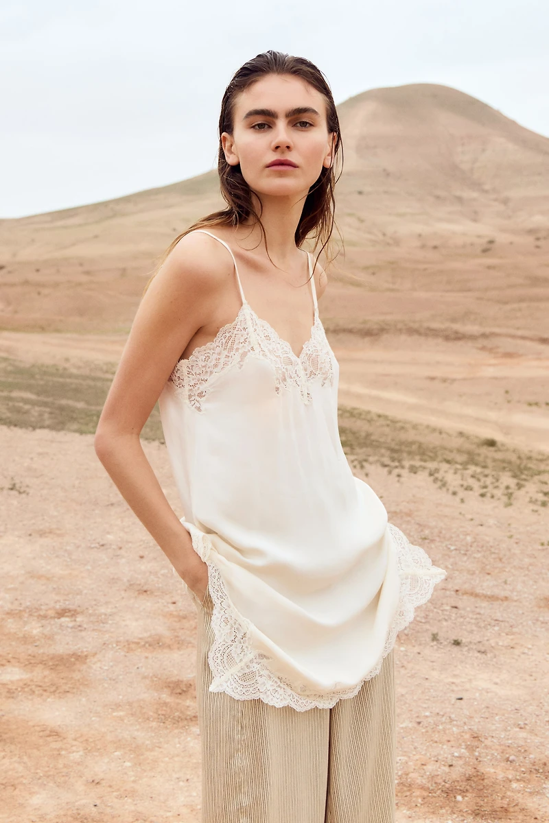 Lace-Trimmed Satin Slip Dress