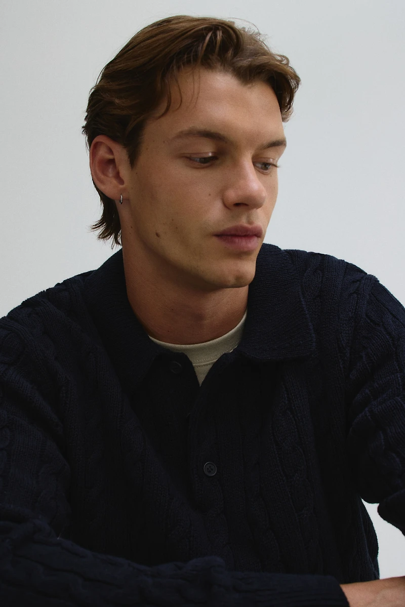 Regular-Fit Cable-Knit Polo Sweater