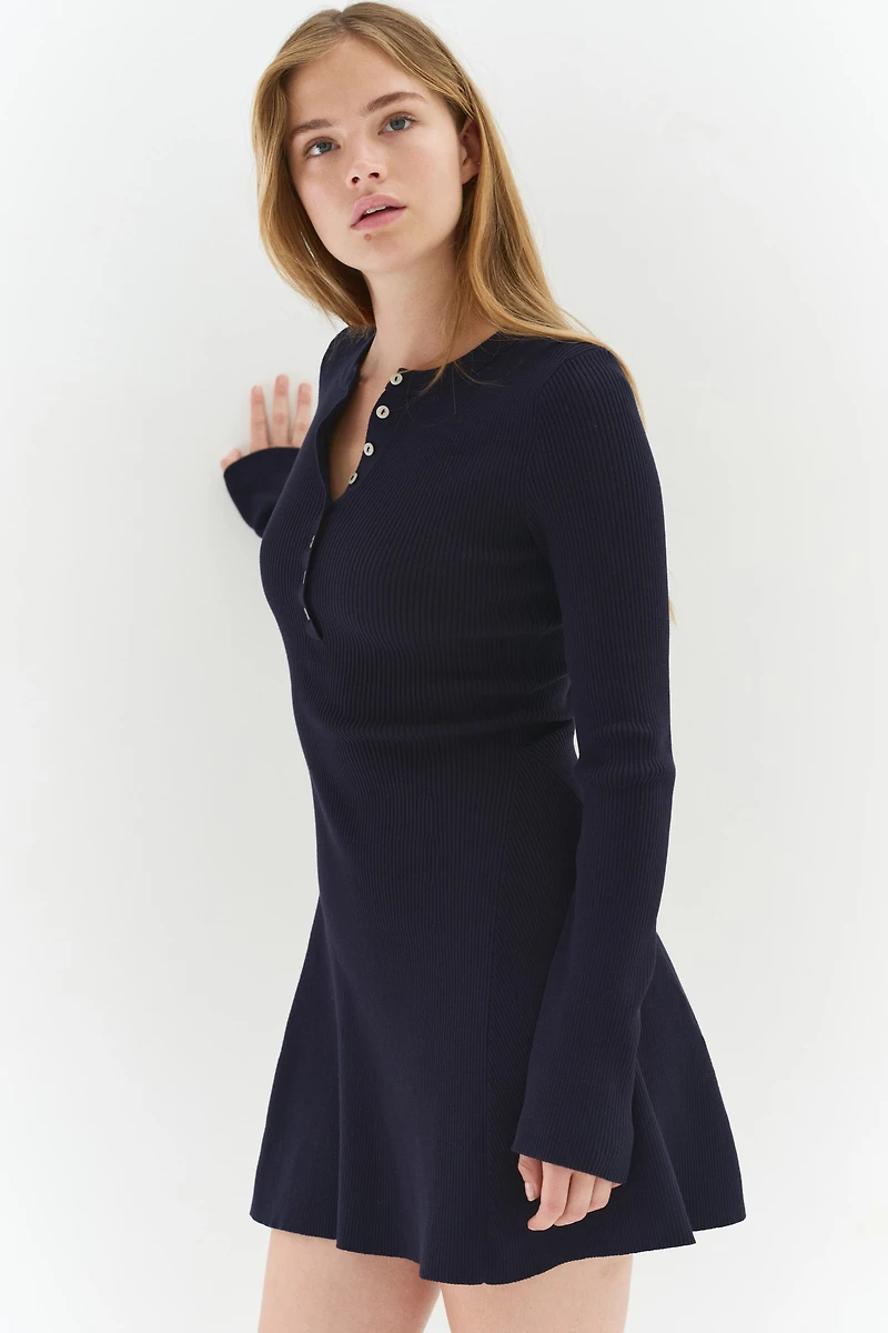 Rib-Knit Dress with Flared Skirt