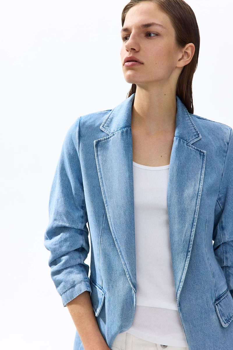 Gathered-Sleeve Denim Jacket