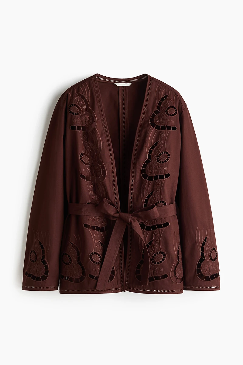 Tie-Belt Jacket with Eyelet-Embroidered Details