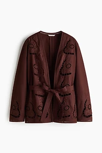 Tie-Belt Jacket with Eyelet-Embroidered Details