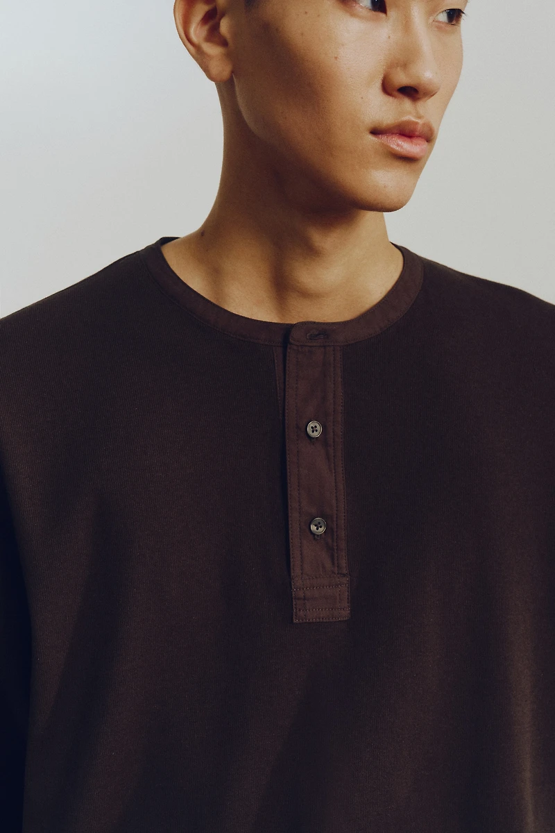 Loose-Fit Linen-Blend Henley Shirt