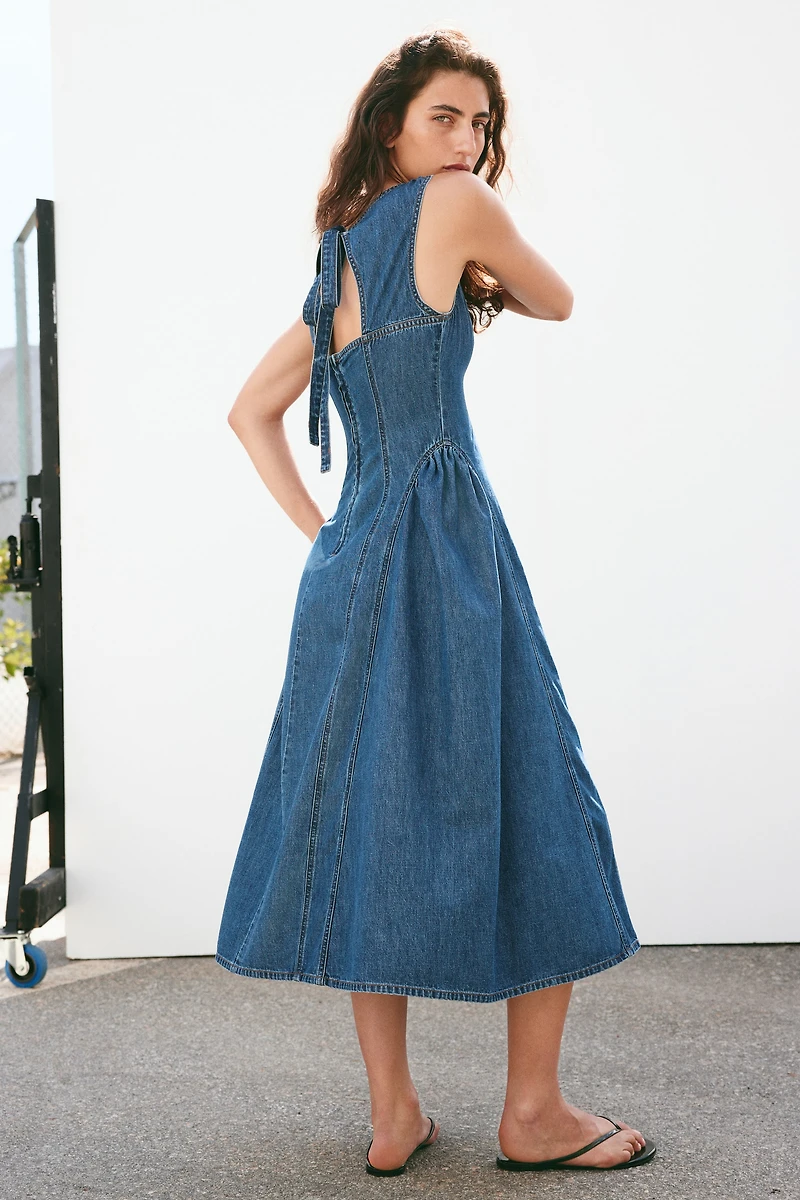 Flared-Skirt Twill Dress