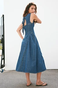 Flared-Skirt Twill Dress