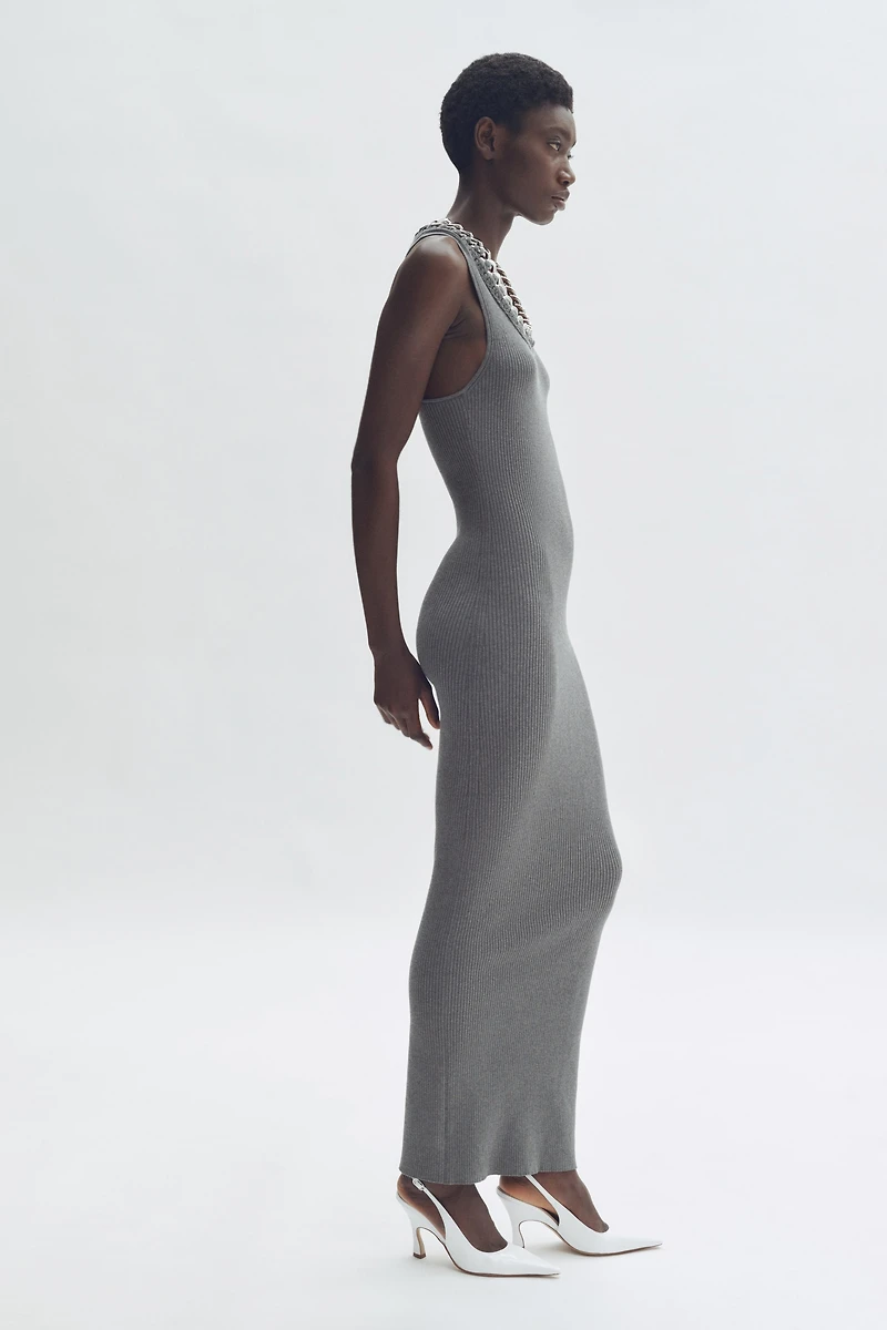Chain-Detail Ribbed Dress
