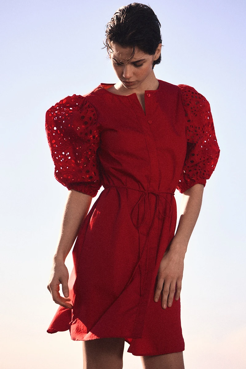 Dress with Eyelet-Embroidered Sleeves