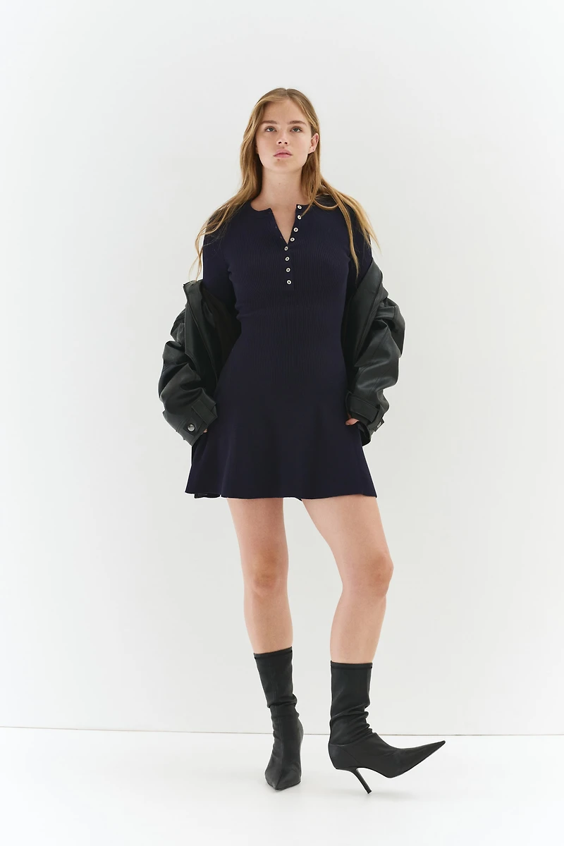 Rib-Knit Dress with Flared Skirt