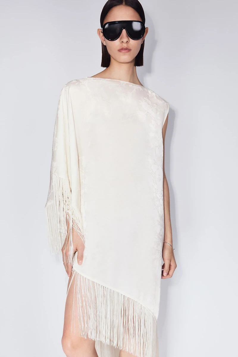 Fringed One-Shoulder Kaftan Dress