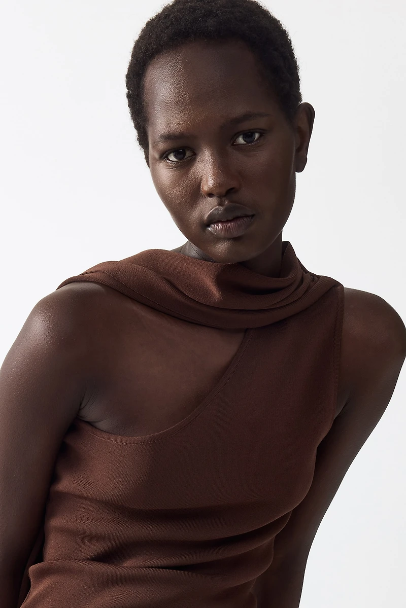One-Shoulder Scarf-Detail Knit Top