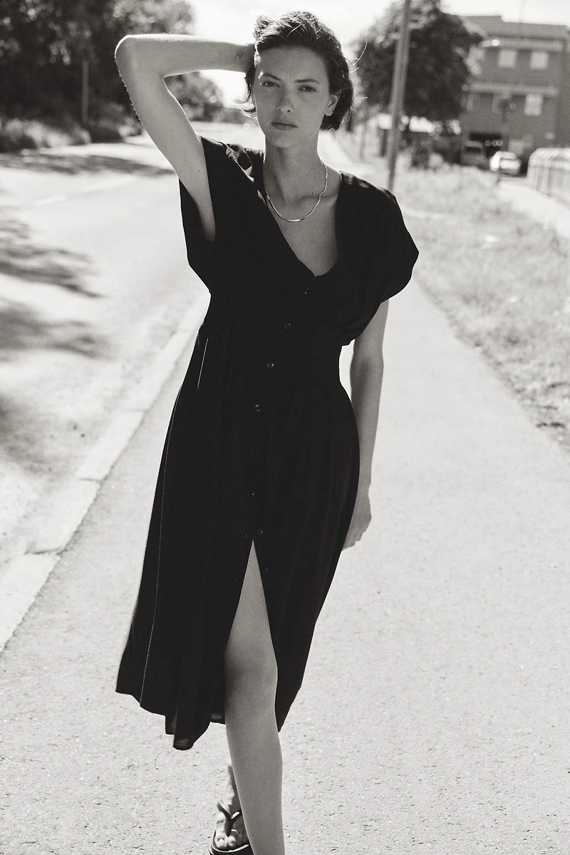 Button-Front Midi Dress