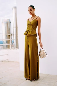 Linen-Blend Cutout Pants