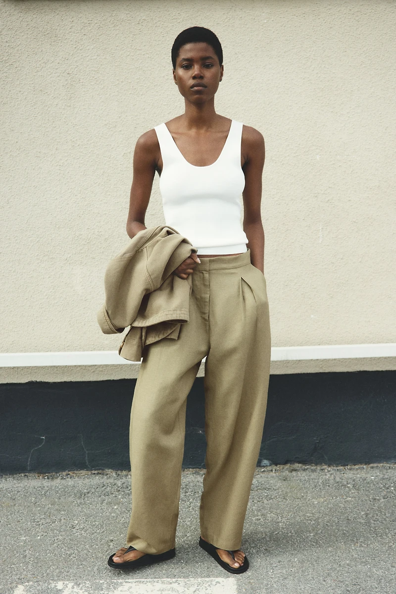 Linen-Blend Barrel-Leg Pants