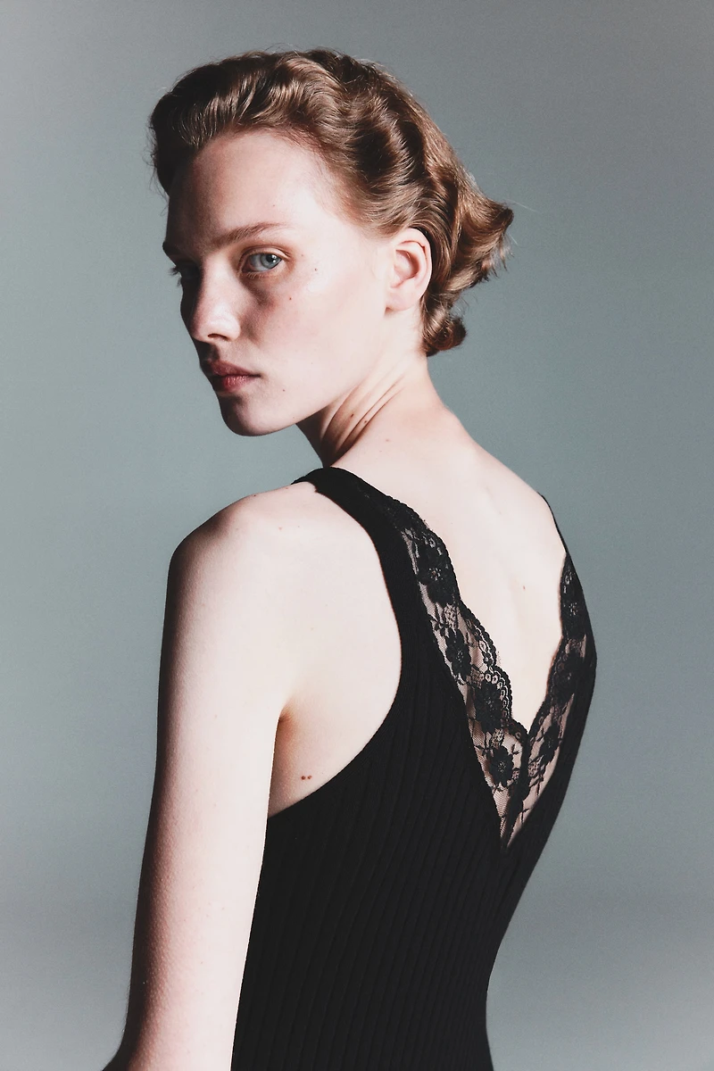 Lace-Trimmed Rib-Knit Dress