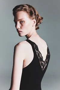 Lace-Trimmed Rib-Knit Dress