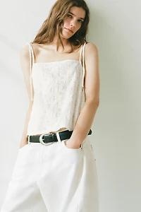 Jacquard-Weave Tie Shoulder Strap Top