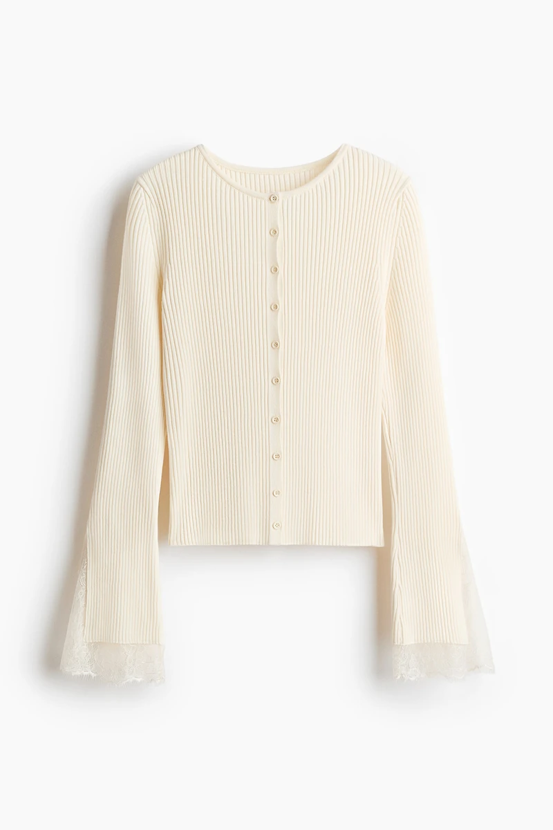 Lace-Trimmed Rib-Knit Cardigan