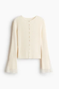 Lace-Trimmed Rib-Knit Cardigan