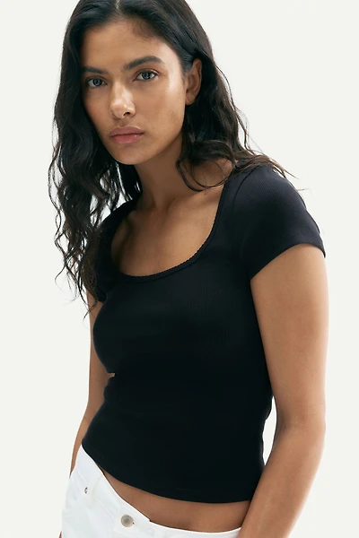 Picot-Trimmed Ribbed T-Shirt
