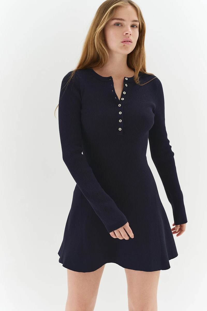 Rib-Knit Dress with Flared Skirt