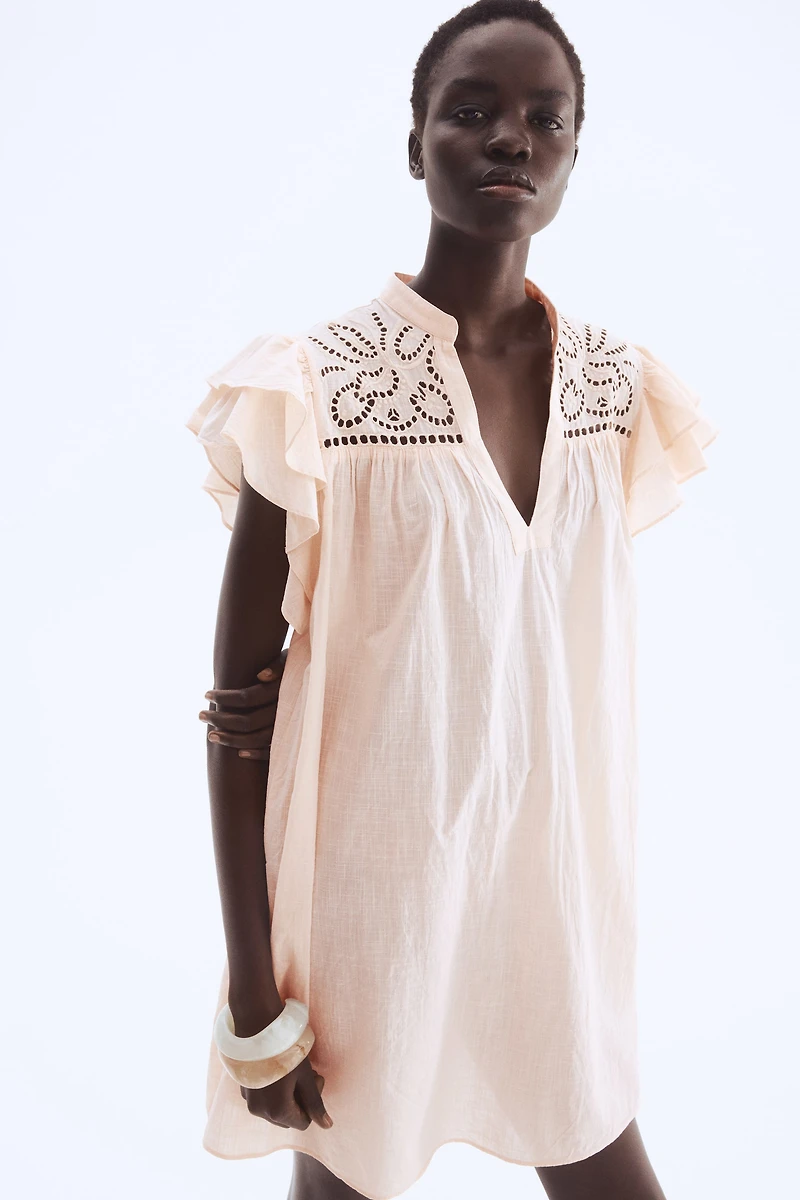 Flutter-Sleeve Dress with Eyelet Embroidery