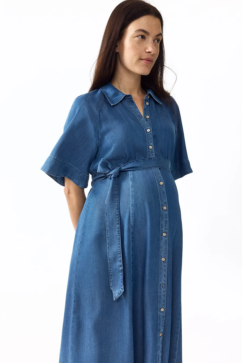 MAMA Tie-Belt Denim Dress