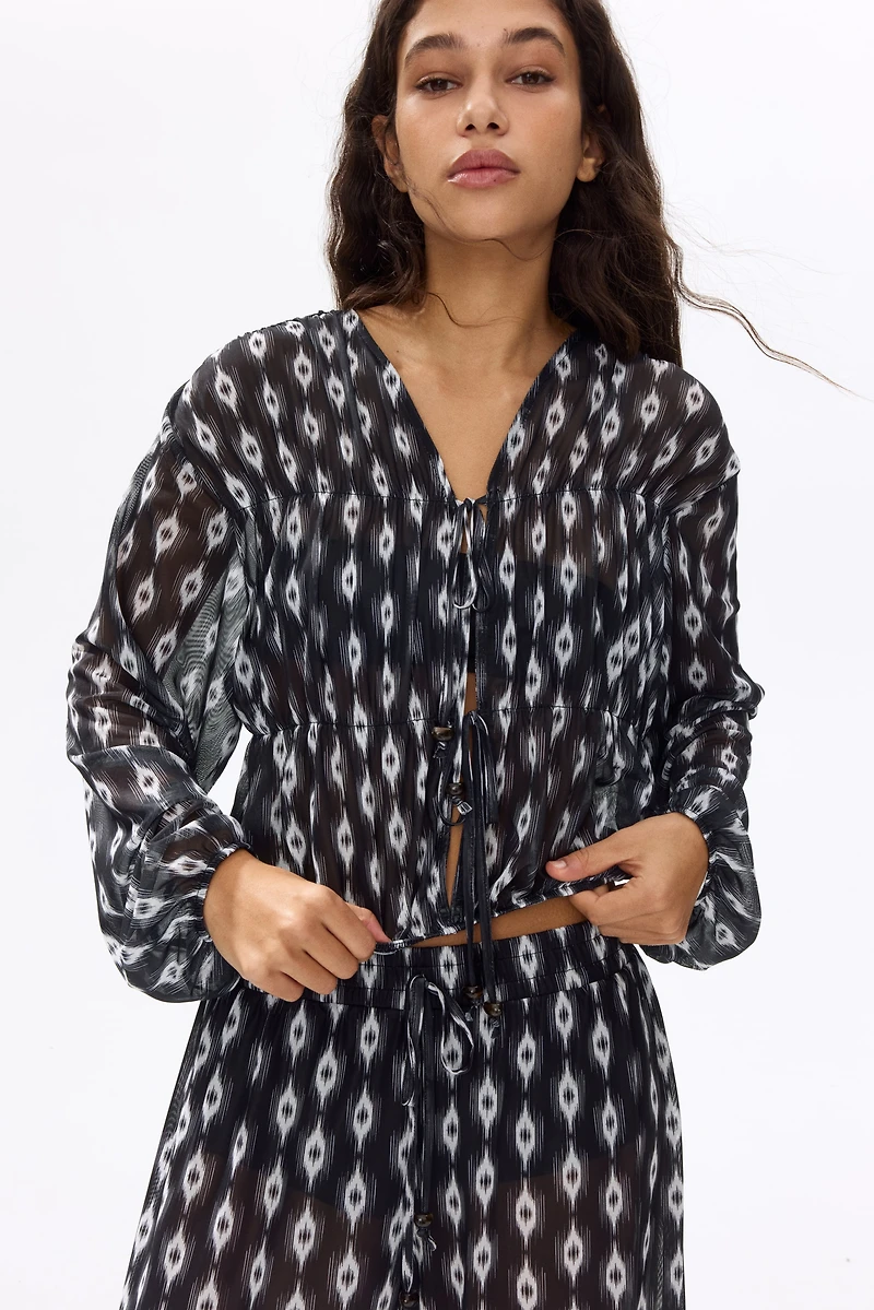 Tie-Detail Mesh Blouse