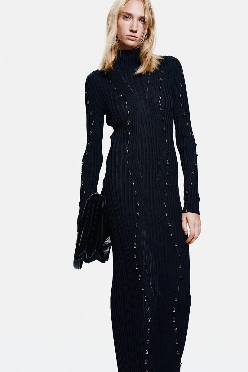 Bead-Embellished Rib-Knit Dress