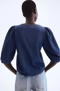 Balloon-Sleeved Denim Blouse