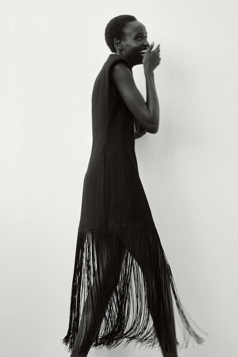 Fringed Dress with Shoulder Pads