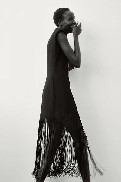 Fringed Dress with Shoulder Pads