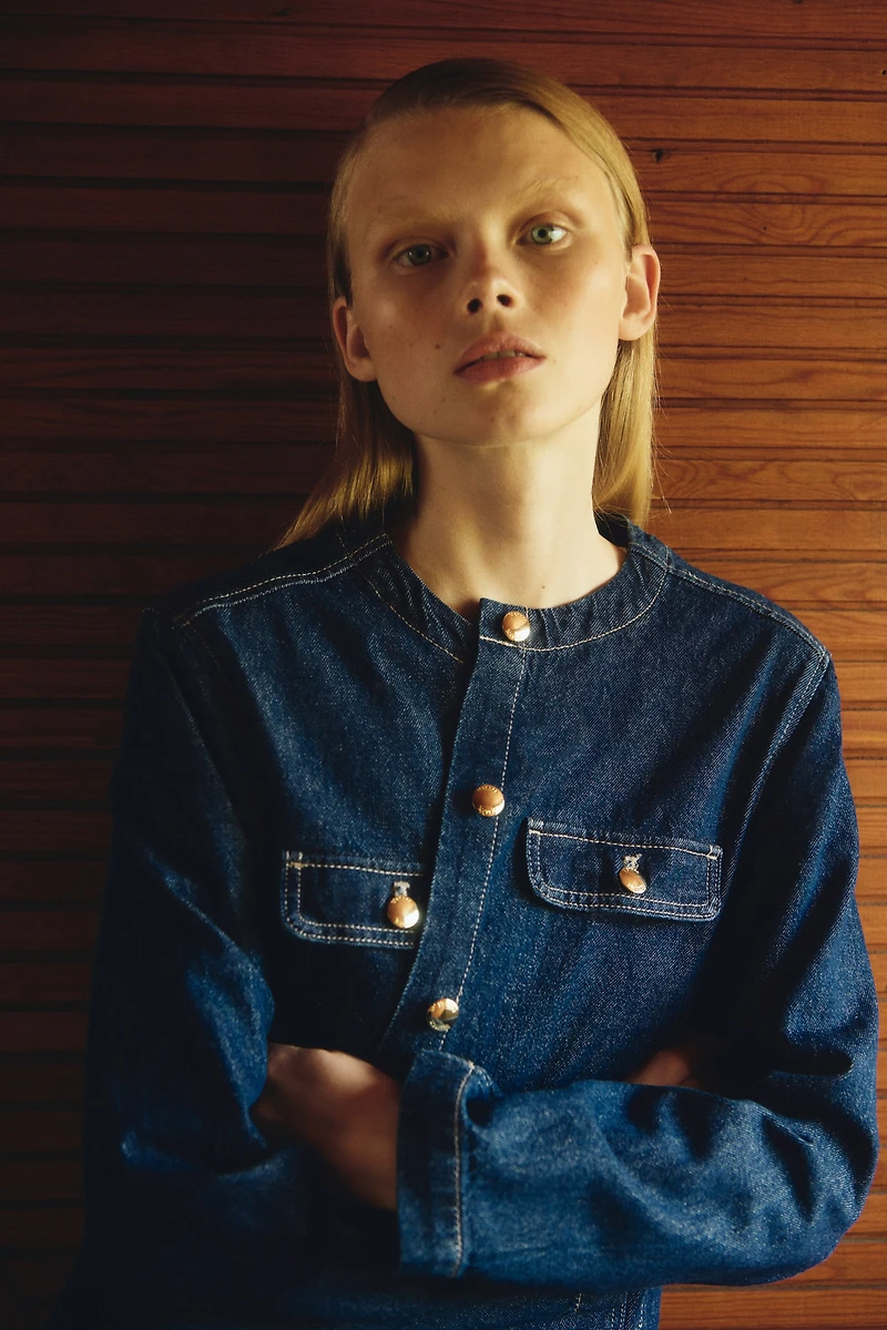 Collarless Denim Jacket