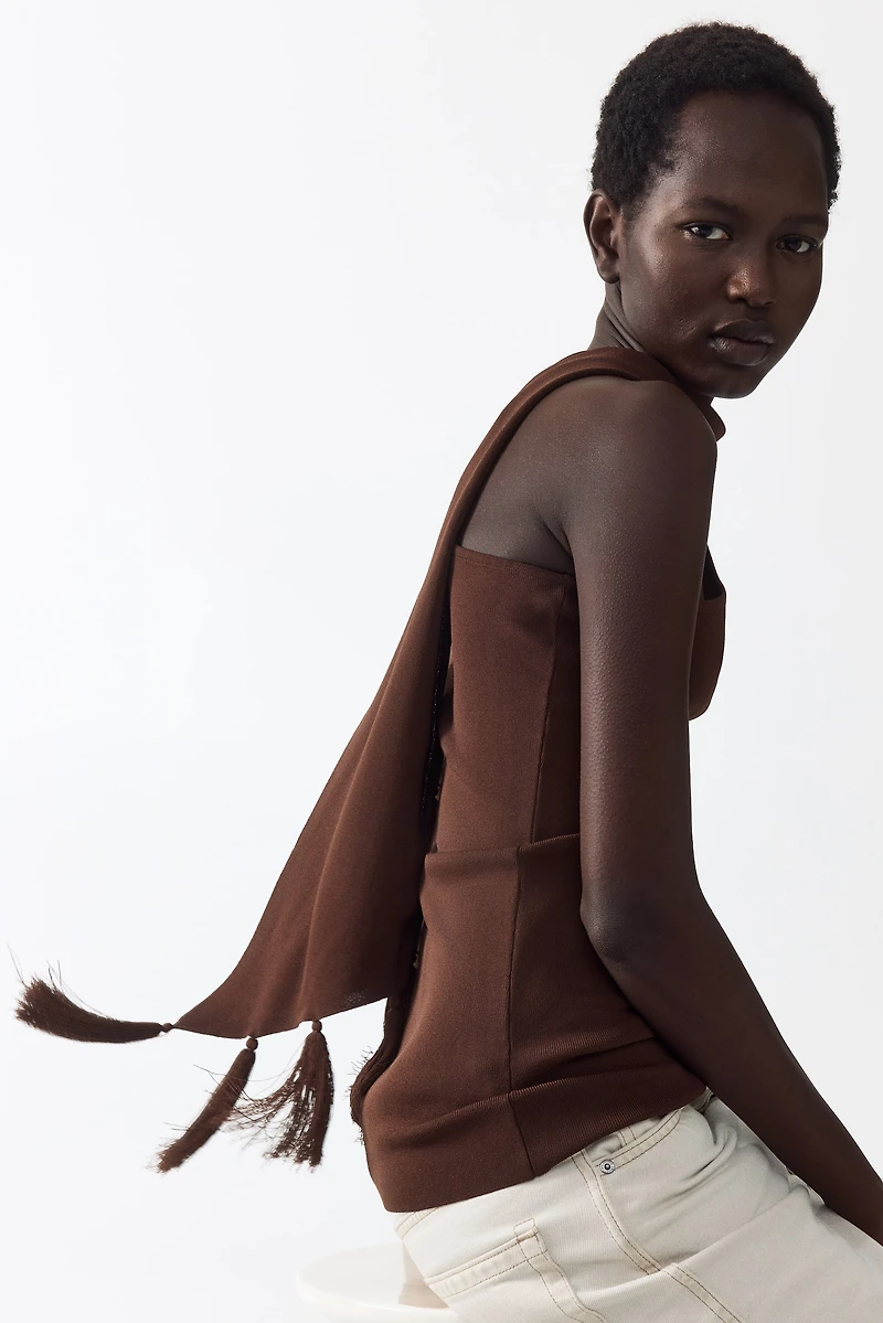 One-Shoulder Scarf-Detail Knit Top