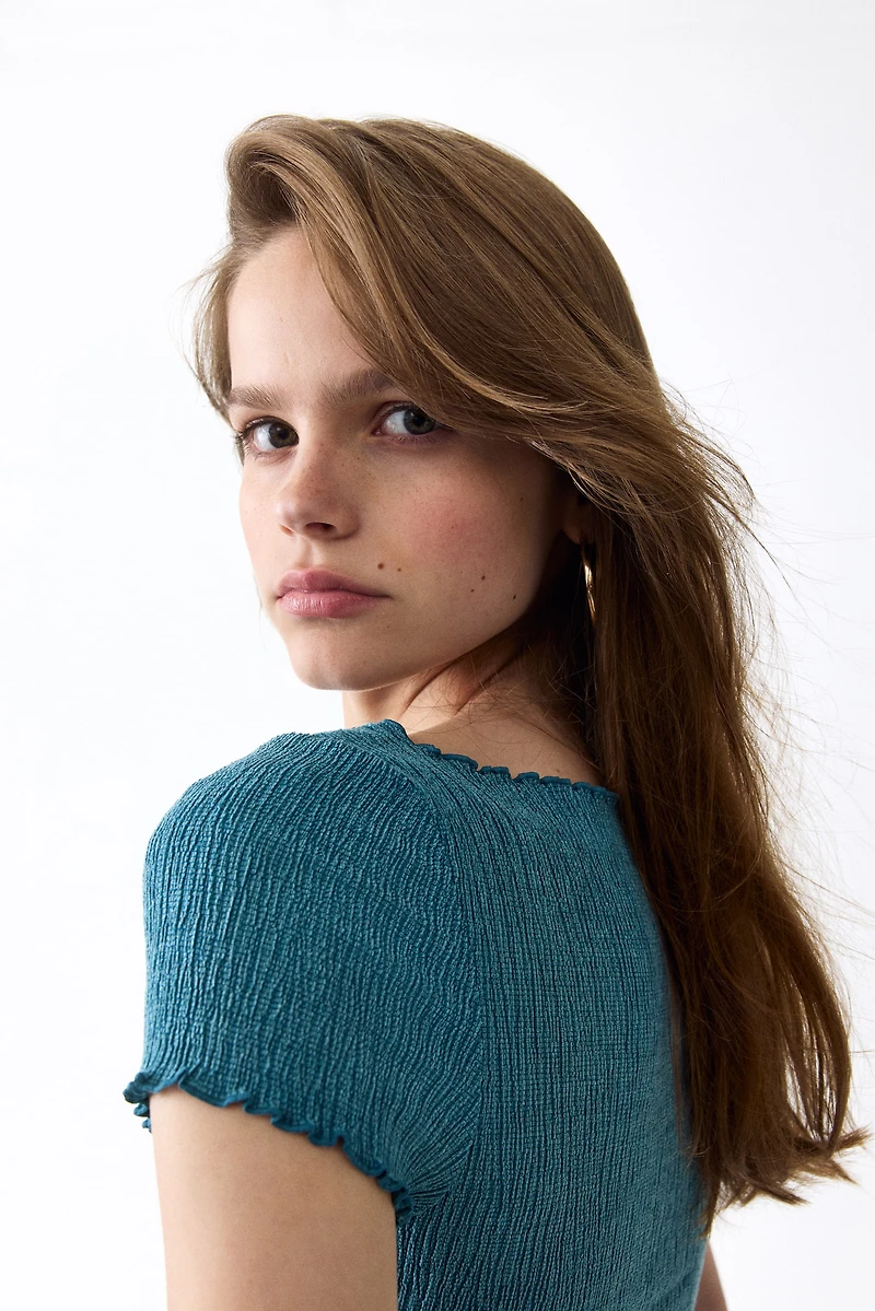 Crinkled Boat-Neck Top