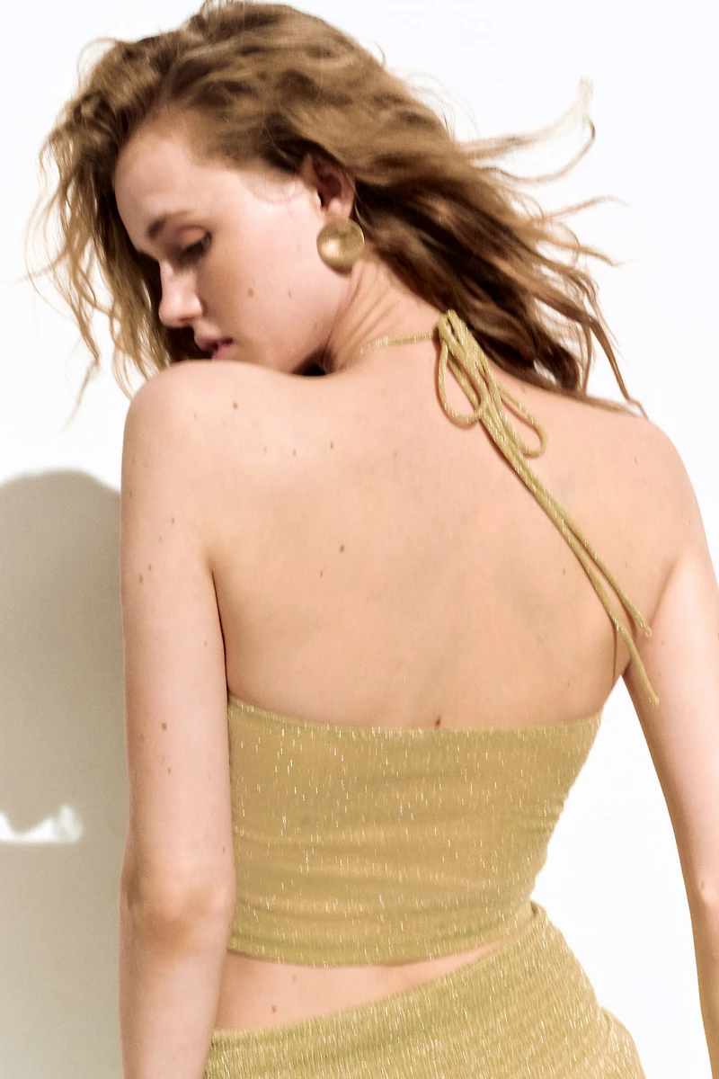 Glittery Lacing-Detail Halterneck Top