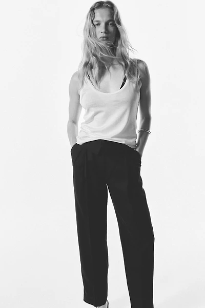 Foldover-Waist Linen-Blend Pants