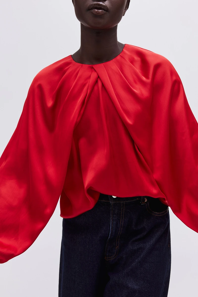 Balloon-Sleeved Satin Blouse