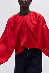 Balloon-Sleeved Satin Blouse