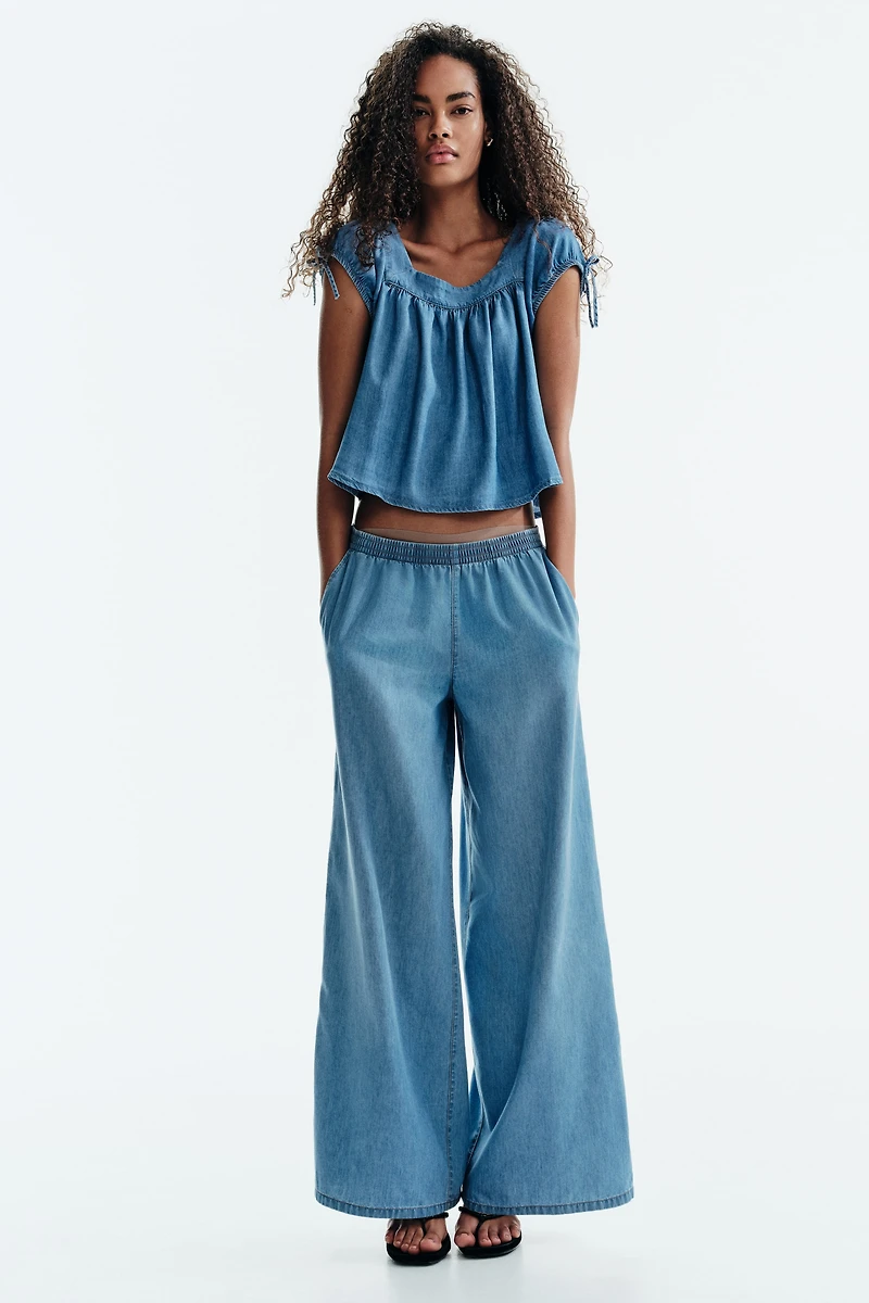 Puff-Sleeved Denim Blouse