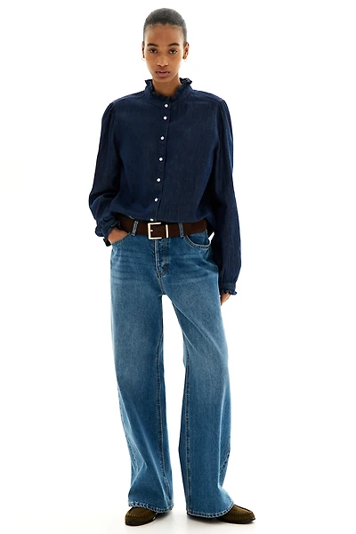 Ruffle-Trimmed Denim Blouse