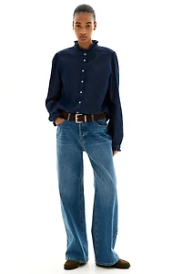 Ruffle-Trimmed Denim Blouse